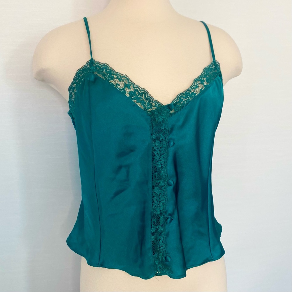 1990s Victoria’s Secret Gold Label Emerald Green Satin Lace Vintage Camisole